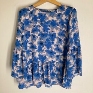 J. Crew Blue & White Floral Peplum Sleeve Blouse